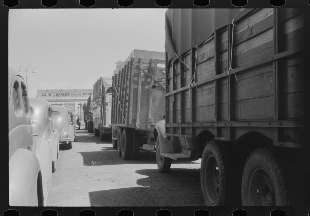 [Untitled photo, possibly related to: Trucks and cars waiting at Little Creek, Virginia for the Cape Charles ferry]. Sourced…