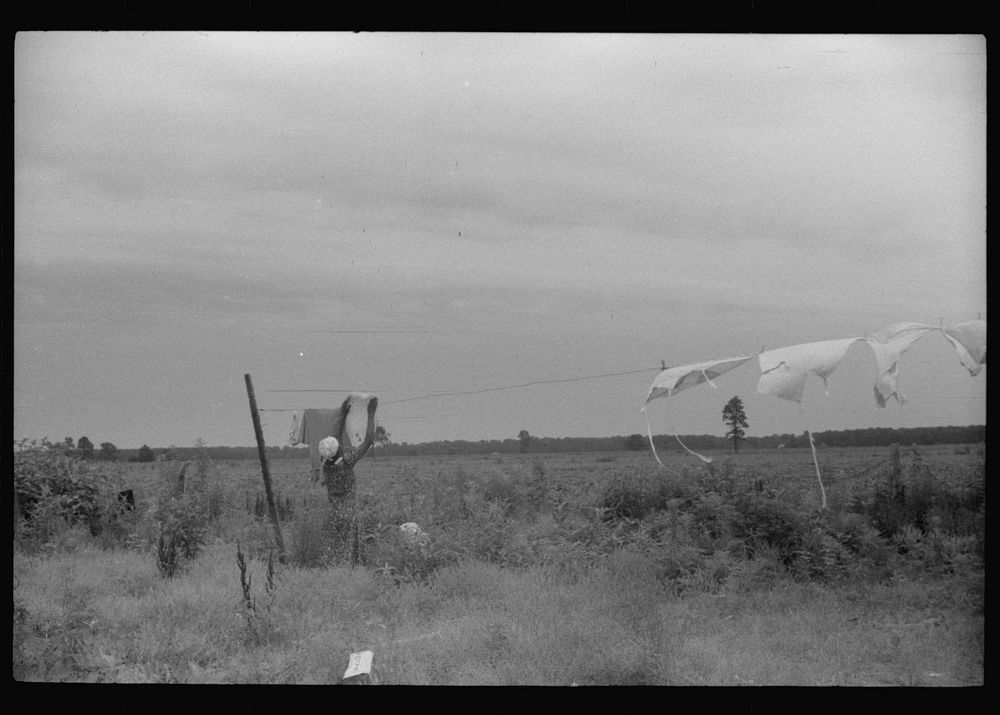 Migrant hanging out the wash. Near Belcross, North Carolina. Sourced from the Library of Congress.