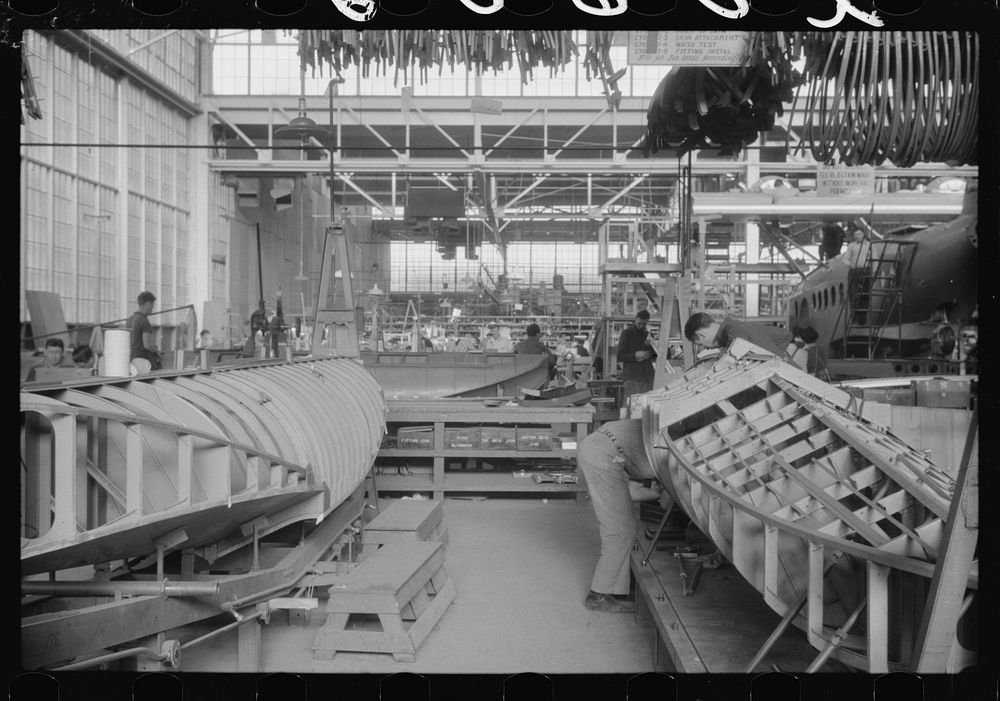 Pontoon construction at the Vought-Sikorsky Aircraft Corporation, Stratford, Connecticut. Sourced from the Library of…