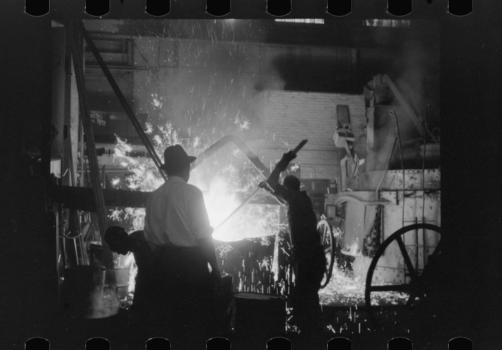 Tapping a furnace in the foundry of the Farrell-Binmingham Company, Ansonia, Connecticut. Sourced from the Library of…