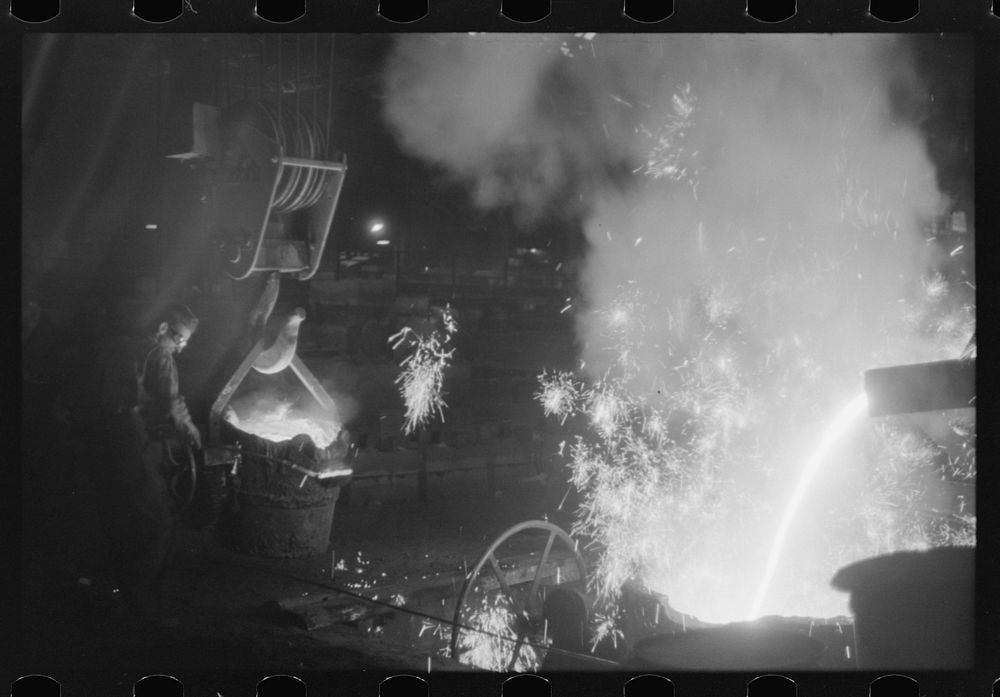 [Untitled photo, possibly related to: Tapping a furnace at the foundry of the Farrell-Binmingham Company, Ansonia…