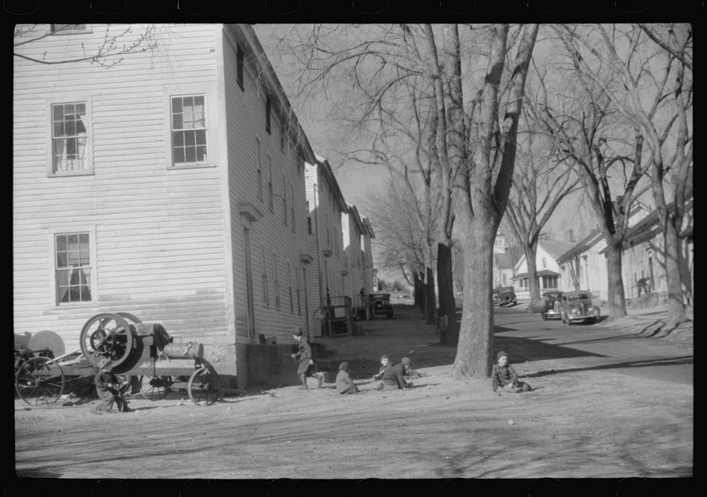 Children playing in the street in the mill town of Occum, Connecticut. Sourced from the Library of Congress.