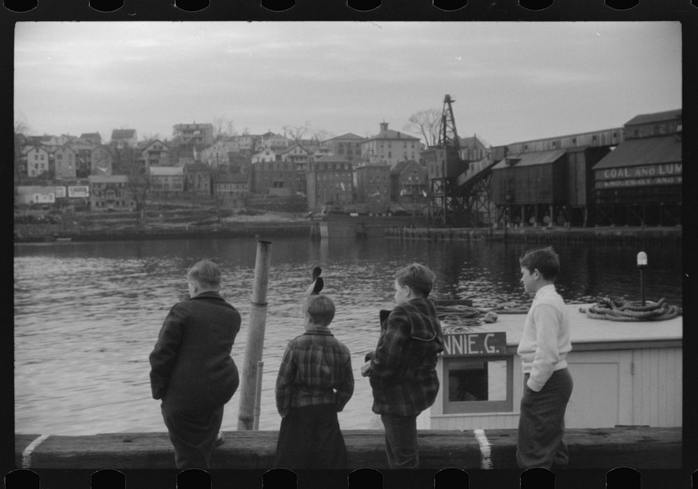 [Untitled photo, possibly related to: Boys at the riverfront in Norwich, Connecticut]. Sourced from the Library of Congress.