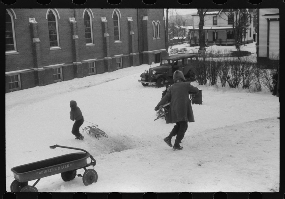 [Untitled photo, possibly related to: Children sledding in Jewett City, Connecticut]. Sourced from the Library of Congress.