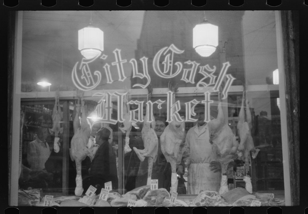 [Untitled photo, possibly related to: A butcher shop window at Thanksgiving time. Norwich, Connecticut]. Sourced from the…