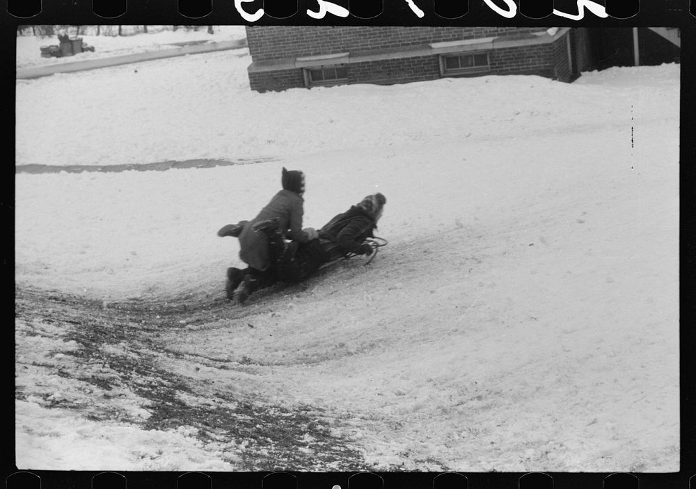 Children sledding in Jewett City, Connecticut. Sourced from the Library of Congress.