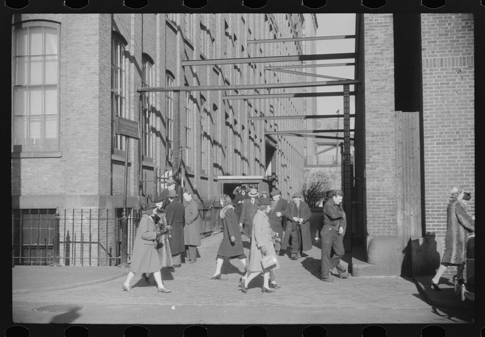 Employees leaving Brown and Sharpe Manufacturing Company in Providence, Rhode Island. Sourced from the Library of Congress.