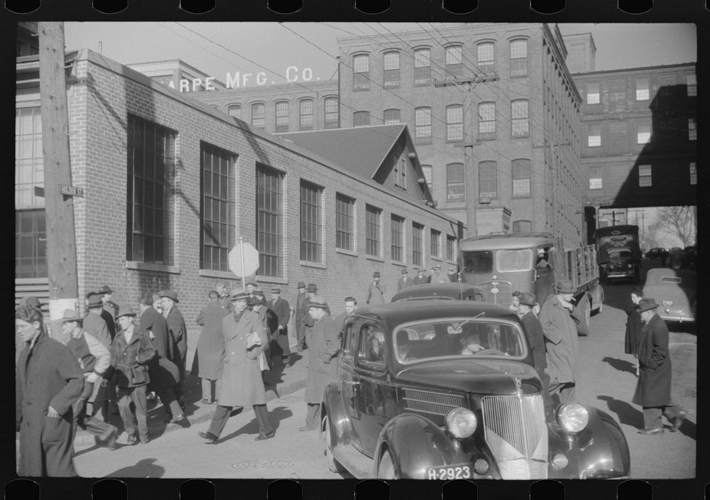 Employees leaving Brown and Sharpe Manufacturing Company, Providence, Rhode Island. Sourced from the Library of Congress.