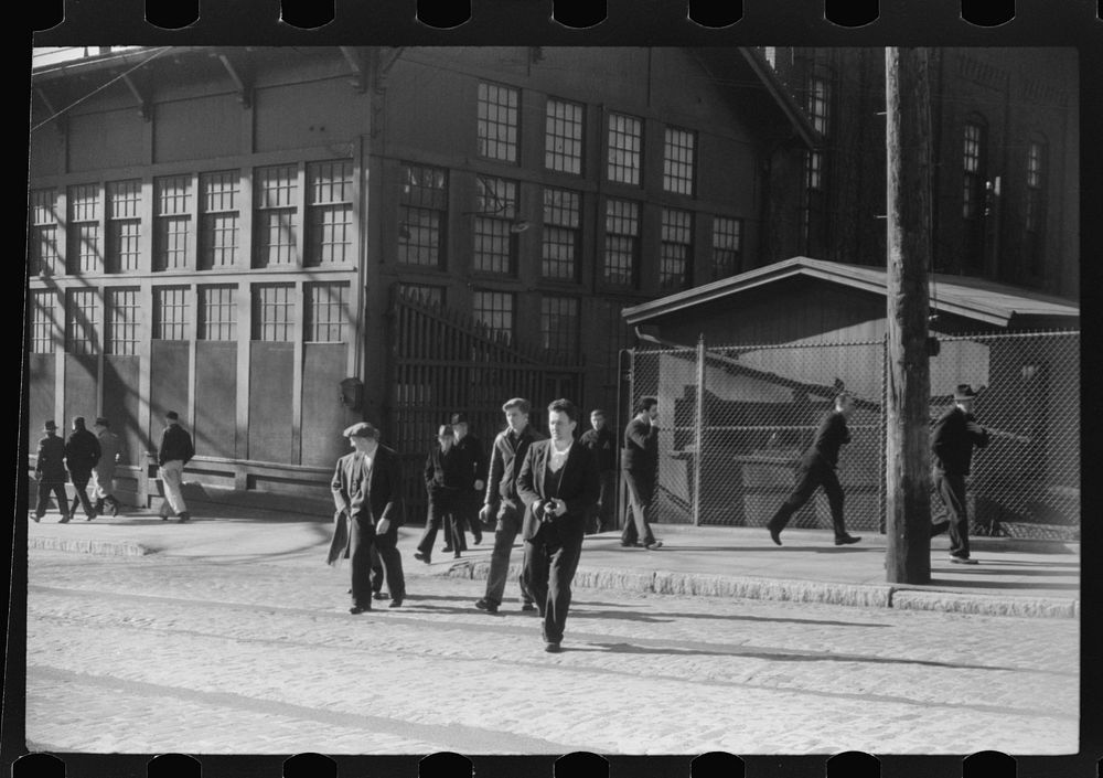[Untitled photo, possibly related to: Workers coming out of the Farrell Birmingham Foundry. Ansonia, Connecticut]. Sourced…