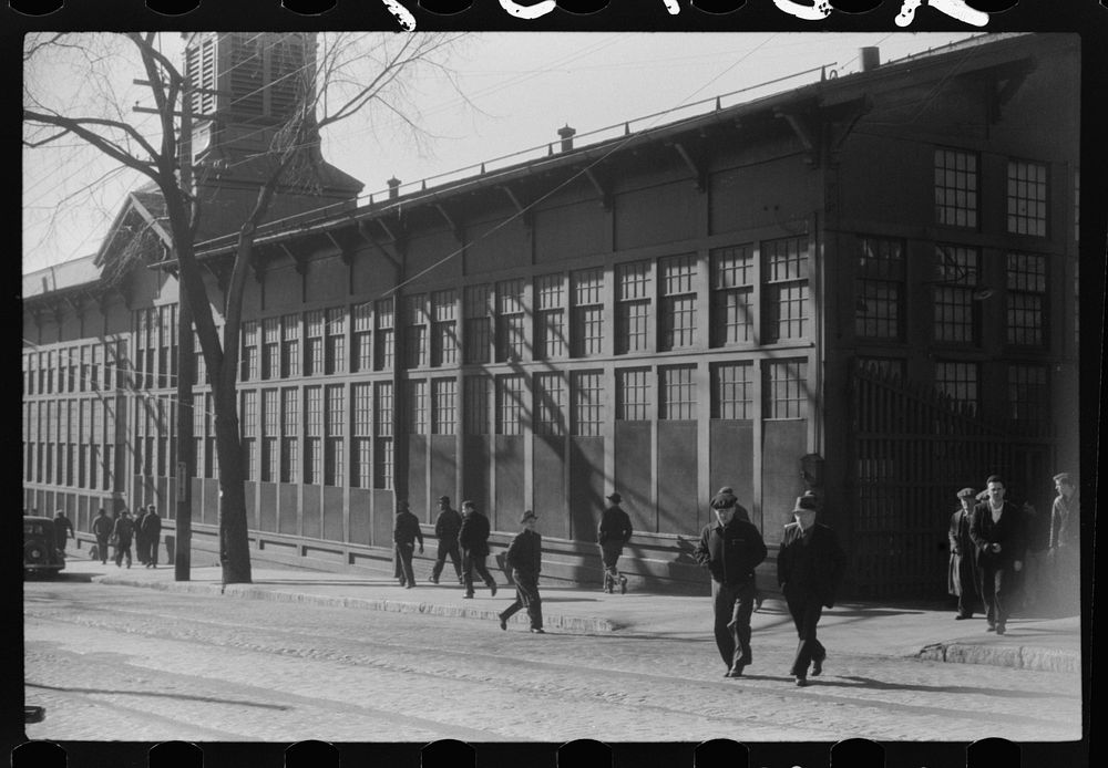 Workers coming out of the Farrell Birmingham Foundry. Ansonia, Connecticut. Sourced from the Library of Congress.