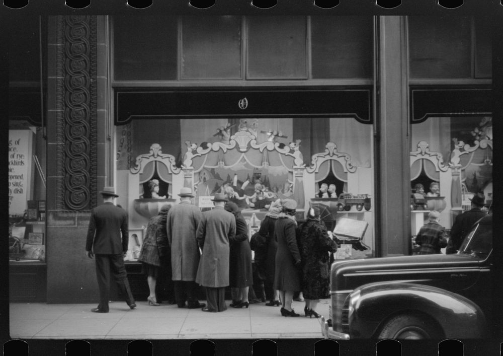 Window shoppers watching toy display in downtown Providence, Rhode Island. Sourced from the Library of Congress.