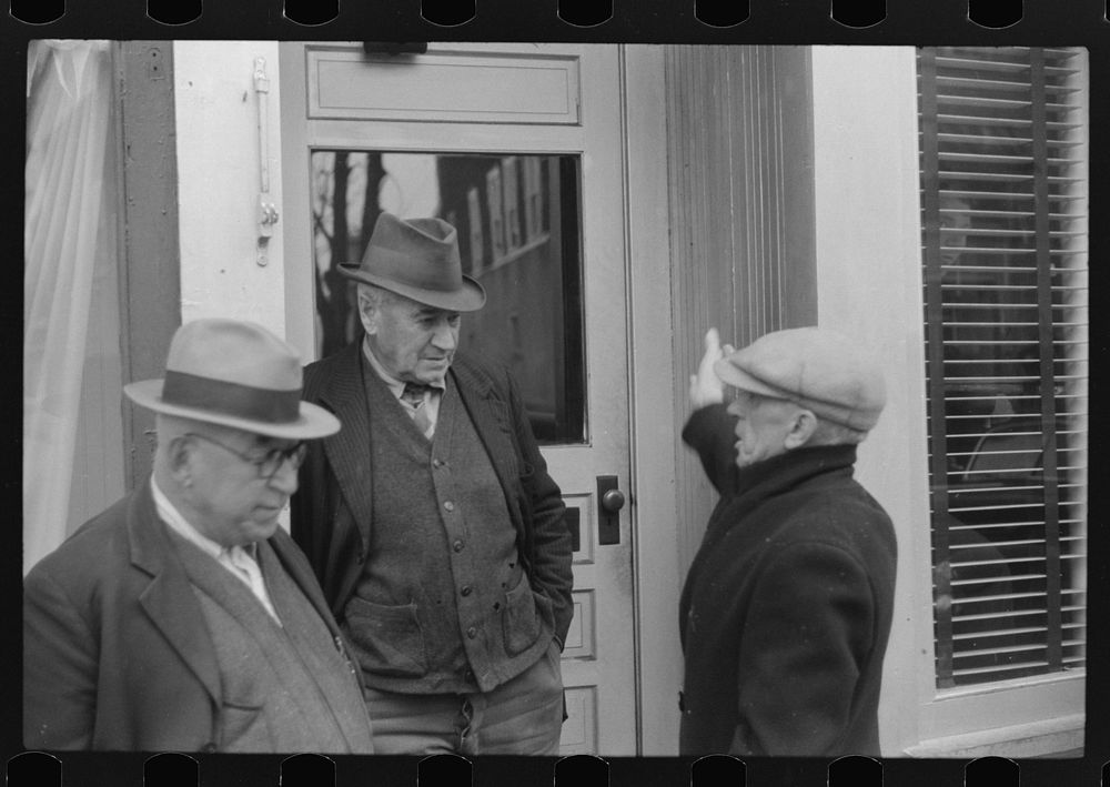 [Untitled photo, possibly related to: Men outside of a beer parlor in Jewett City, Connecticut]. Sourced from the Library of…