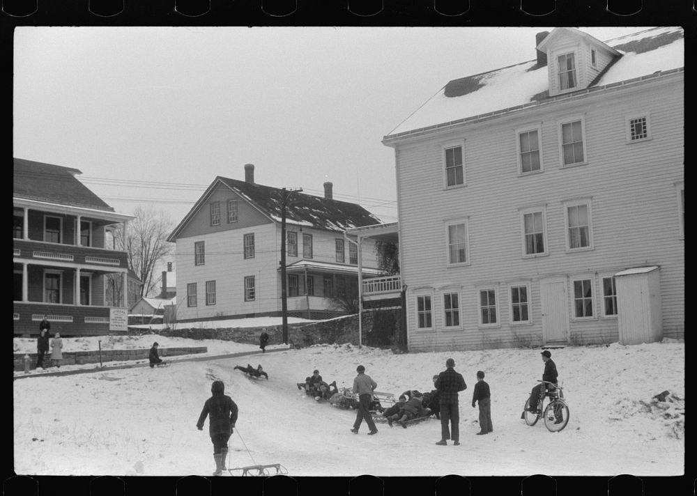 [Untitled photo, possibly related to: Children sledding, Jewett City, Connecticut]. Sourced from the Library of Congress.