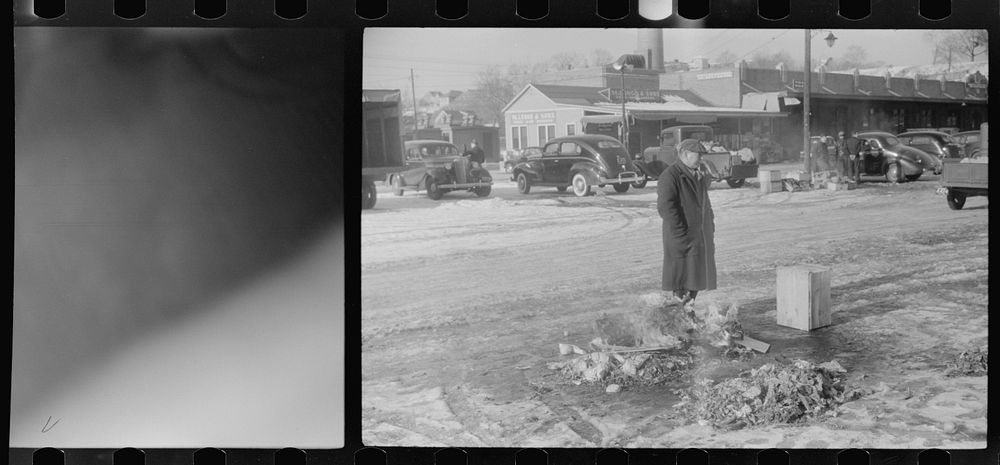 [Untitled photo, possibly related to: Farmer at the Governor Dyer market keeping warm around a fire, Providence, Rhode…