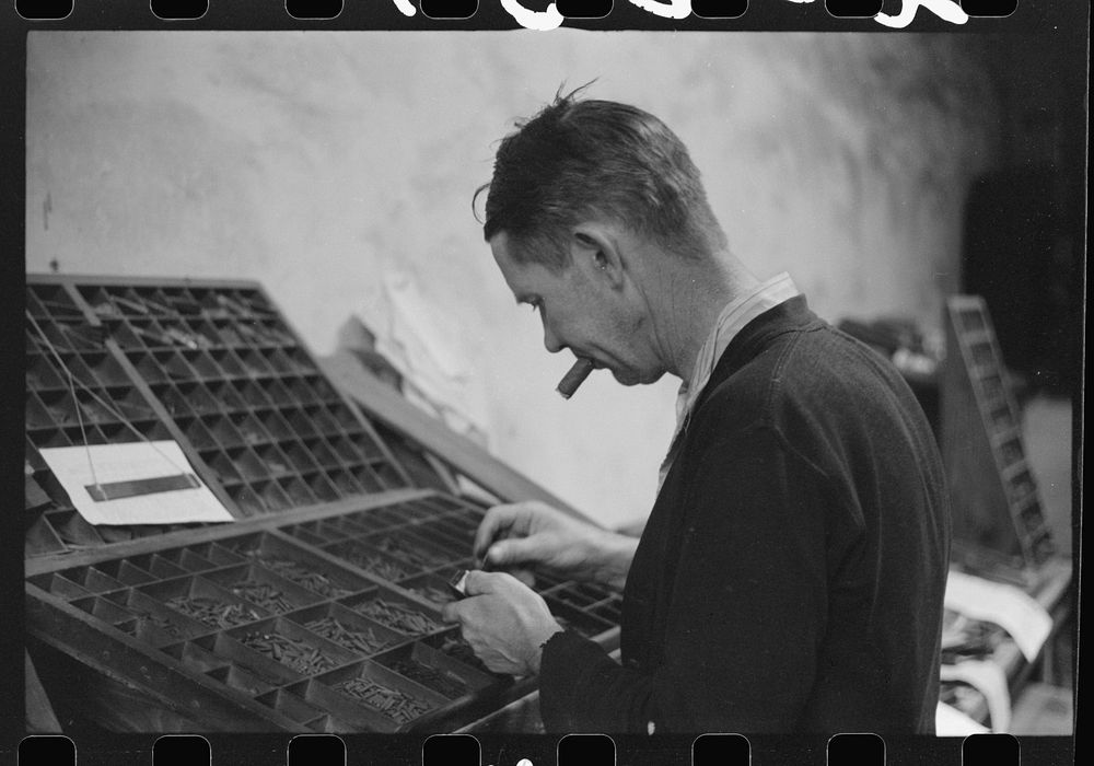 [Untitled photo, possibly related to: Setting type in the local newspaper office in Franklin, Heard County, Georgia].…