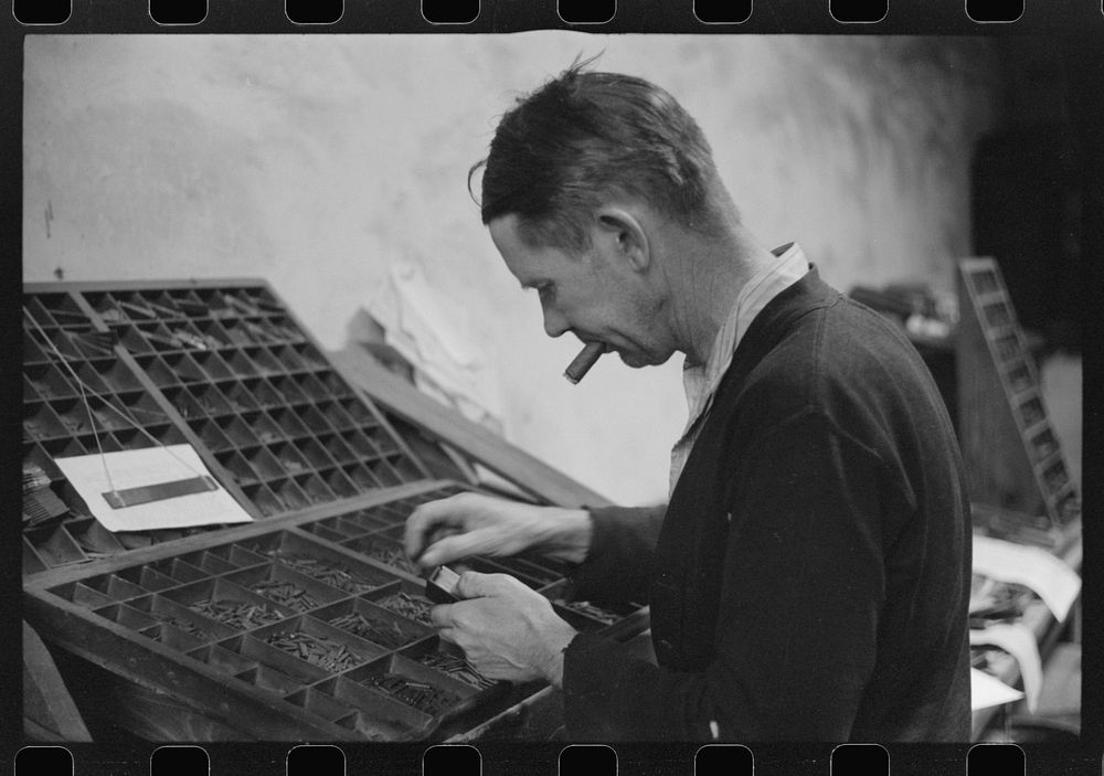 [Untitled photo, possibly related to: Setting type in the local newspaper office in Franklin, Heard County, Georgia].…