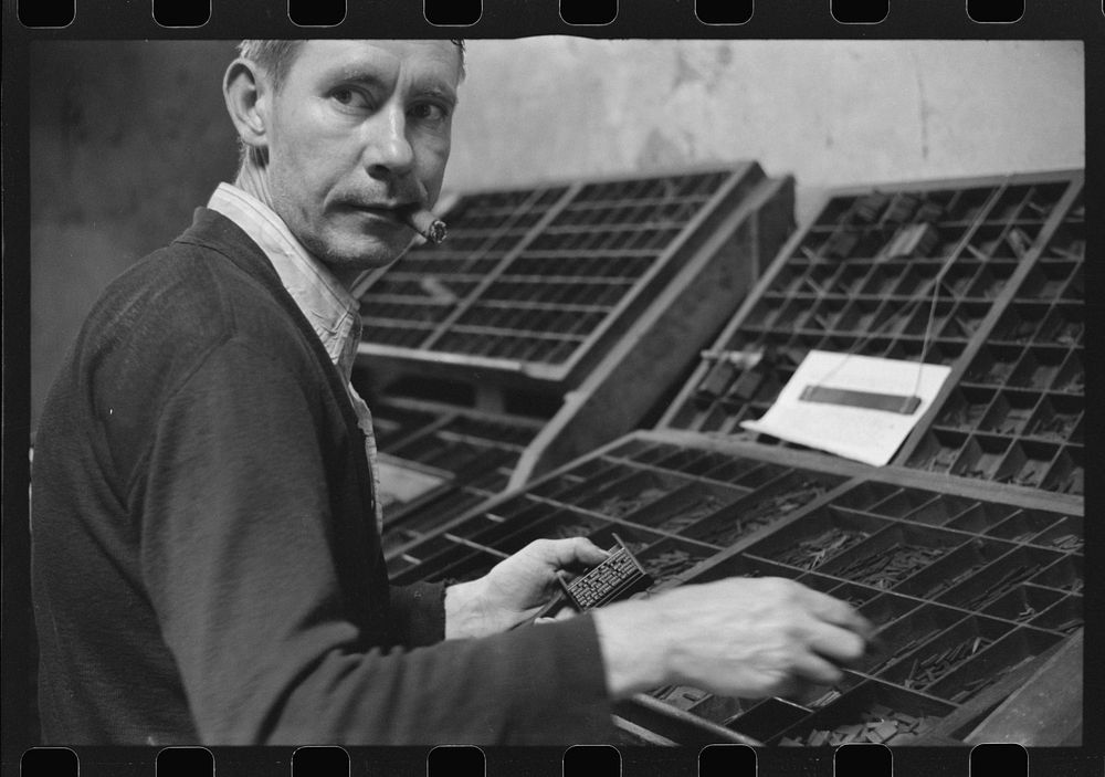 [Untitled photo, possibly related to: Setting type in the local newspaper office in Franklin, Heard County, Georgia].…