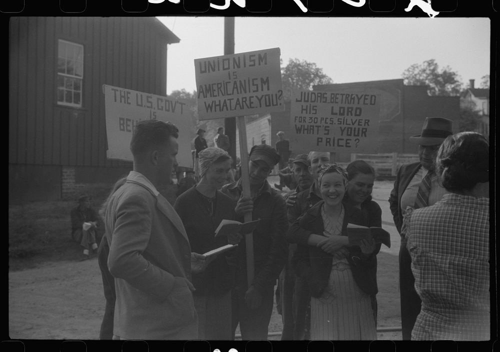 [Untitled photo, possibly related to: Pickets outside a textile mill in Greensboro, Green County, Georgia]. Sourced from the…