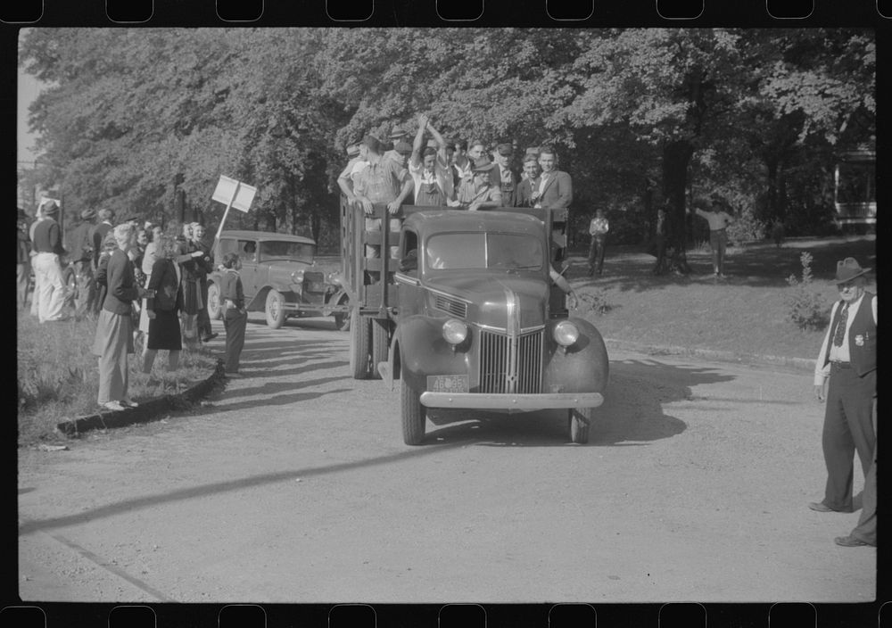 Mill workers who lived largely in rural areas being taken through CIO picket line at a textile mill in Greensboro, Georgia.…