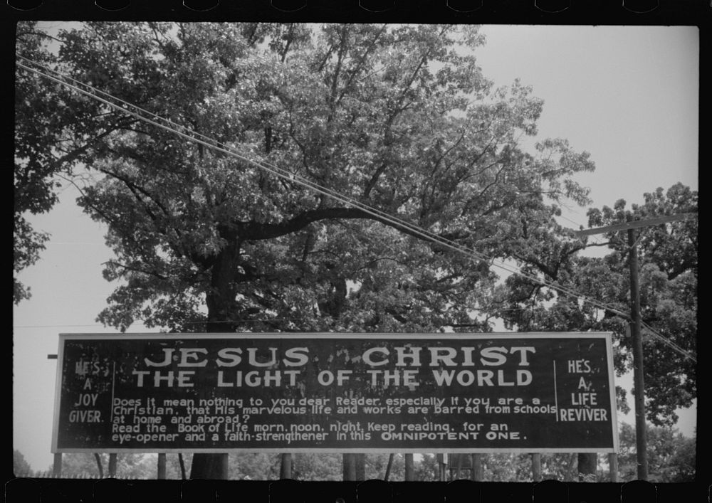 [Untitled photo, possibly related to: Sign outside a religious arbor in Eutaw, Alabama]. Sourced from the Library of…