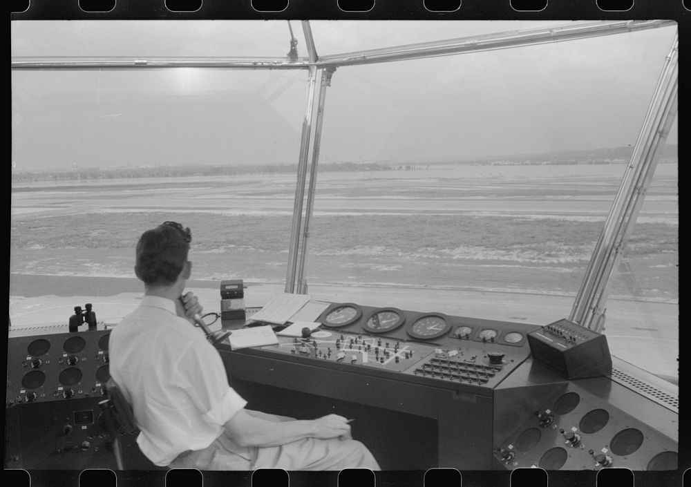 [Untitled photo, possibly related to: Plane coming in at the municipal airport, seen from the control tower, Washington…