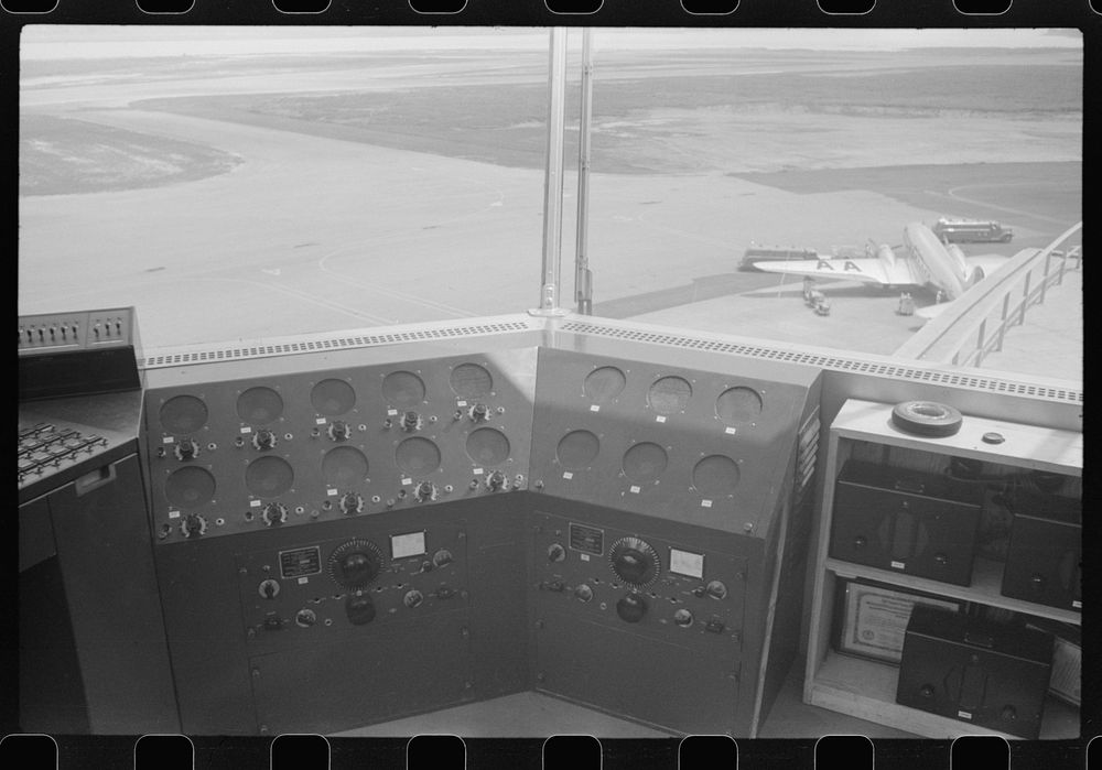 Radios in the control tower at the municipal airport, in Washington, D.C.. Sourced from the Library of Congress.