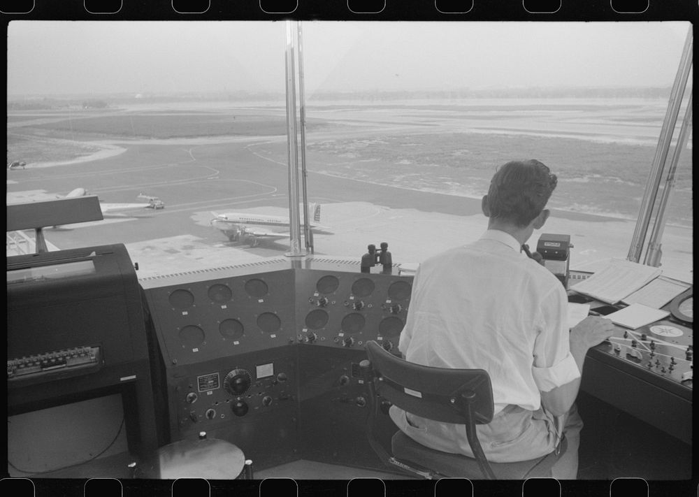 [Untitled photo, possibly related to: Plane coming in at the municipal airport, seen from the control tower, Washington…