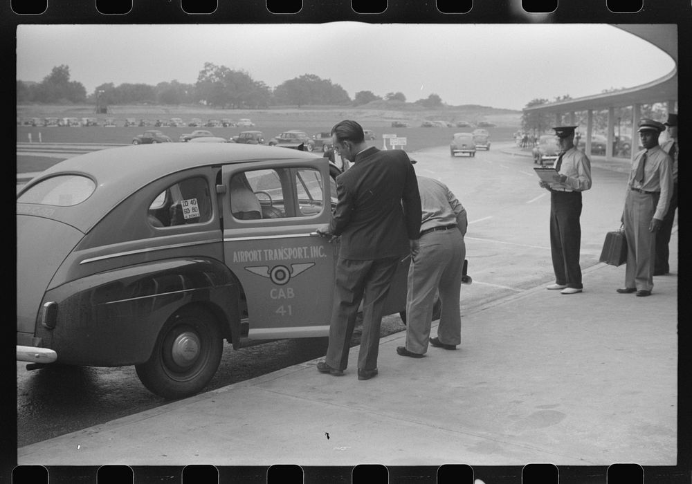 Taxicab outside the municipal airport in Washington, D.C.. Sourced from the Library of Congress.
