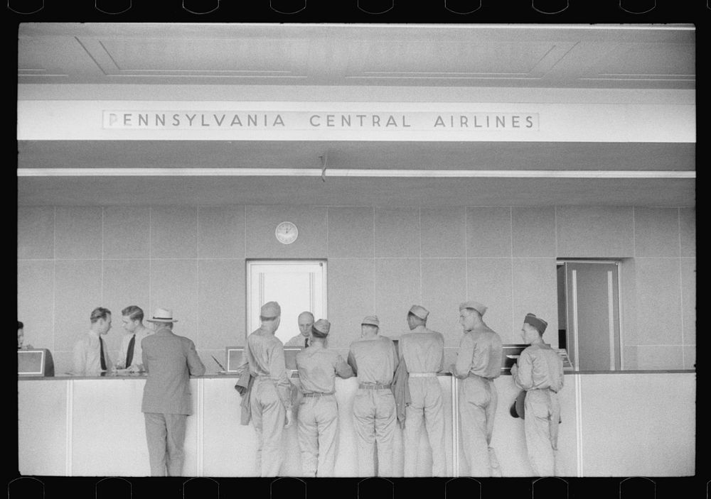 Soldiers at the counter in the municipal airport in Washington, D.C.. Sourced from the Library of Congress.
