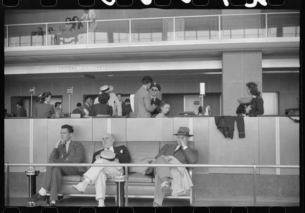 Passengers in the waiting room at the municipal airport in Washington, D.C.. Sourced from the Library of Congress.