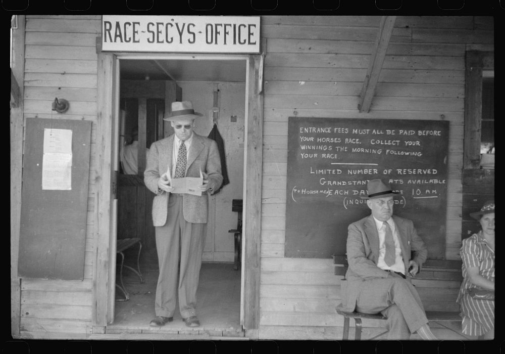 Office of the sulky racing committee at the Rutland Fair, Rutland, Vermont. Sourced from the Library of Congress.