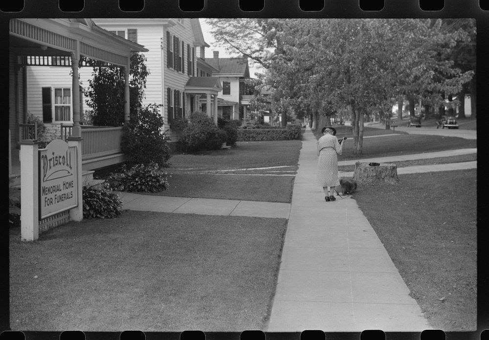 [Untitled photo, possibly related to: Old woman and Pekingese walking along a street in Saint Albans, Vermont]. Sourced from…