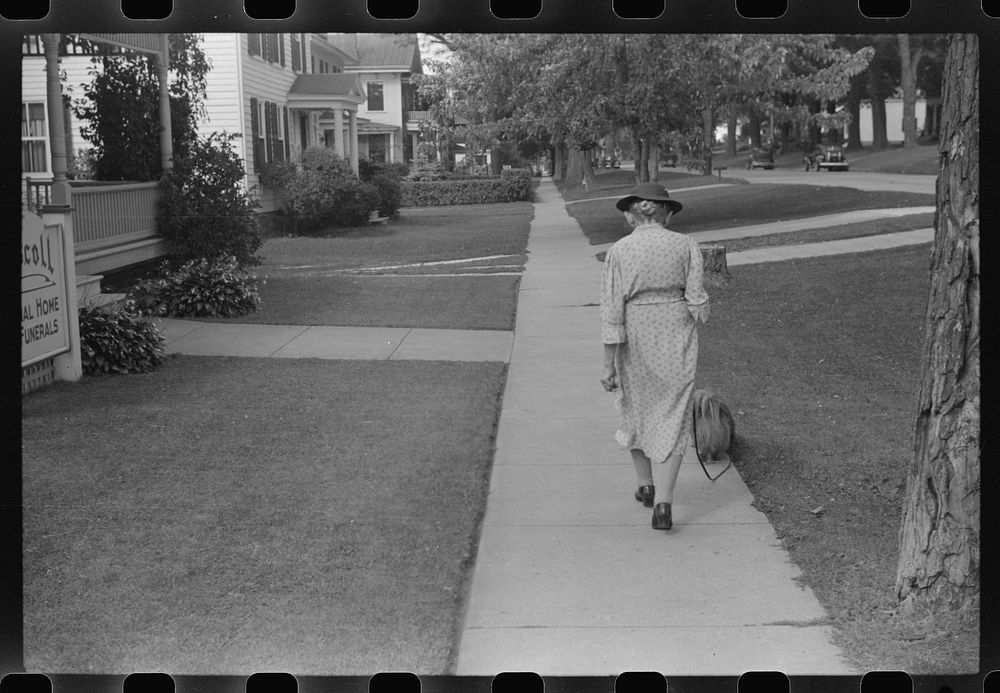 [Untitled photo, possibly related to: Old woman and Pekingese walking along a street in Saint Albans, Vermont]. Sourced from…