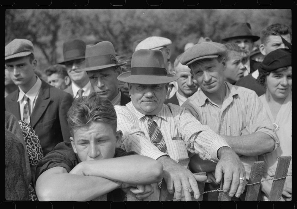 Watching the weight-pulling contest at the "World's Fair" in Tunbridge, Vermont. Sourced from the Library of Congress.