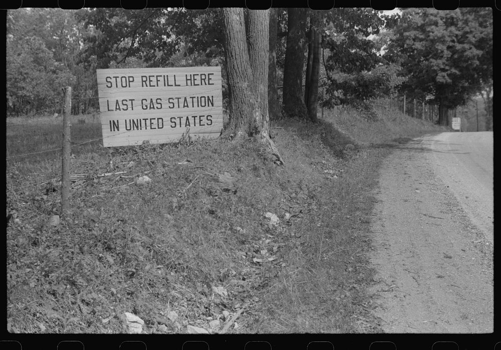 Sign along a road leading to Canadian border north of Highgate Springs, Vermont. Sourced from the Library of Congress.