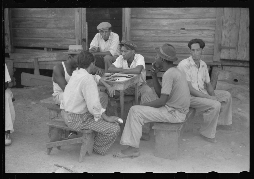 Playing dominoes in the slum area known as "El Machuelitto" in Ponce, Puerto Rico. Sourced from the Library of Congress.