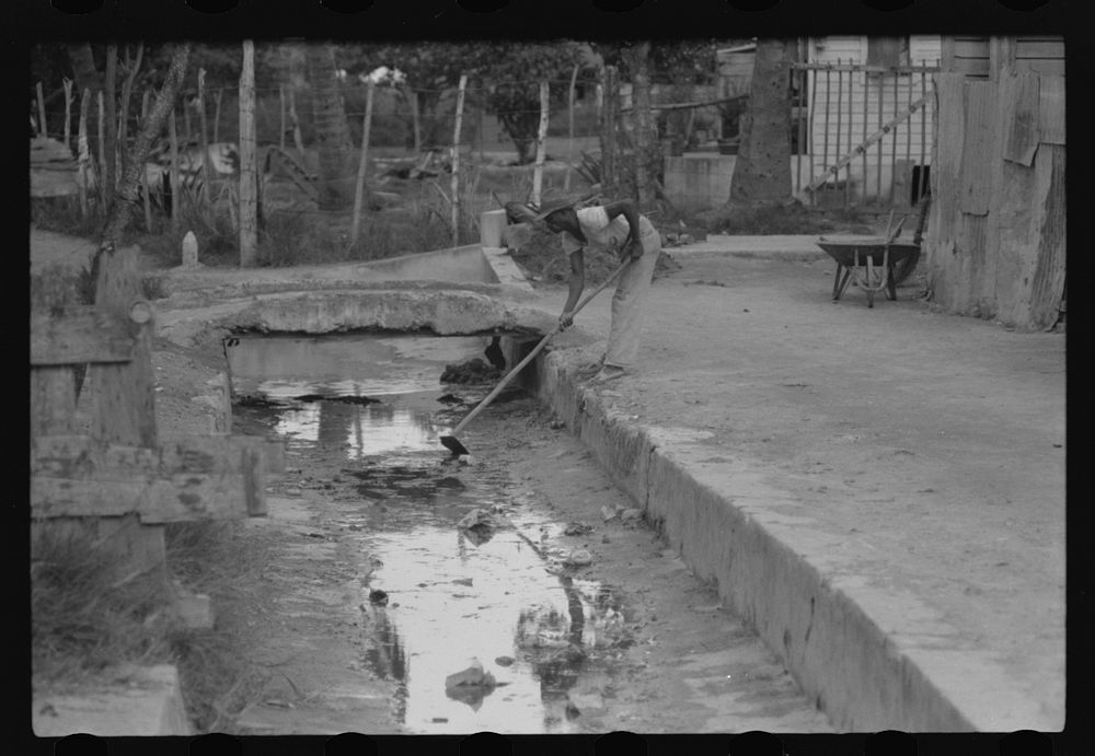 Cleaning out open sewer in Christiansted, St. Croix, Virgin Islands. Sourced from the Library of Congress.