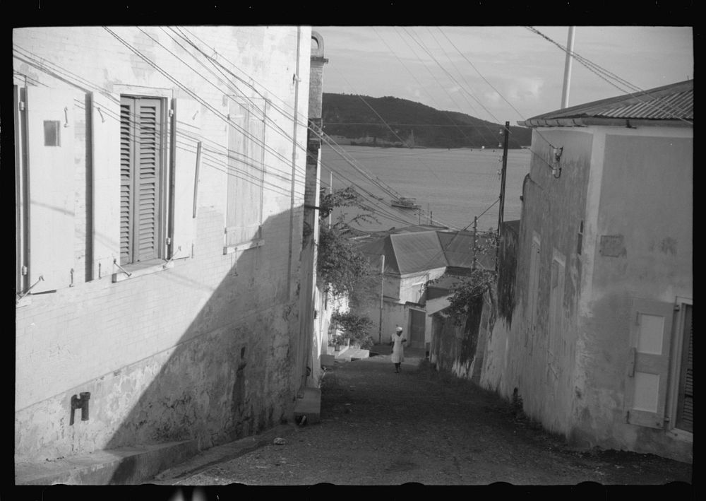 Looking toward the harbor in Charlotte Amalie, St. Thomas, Virgin Islands. Sourced from the Library of Congress.