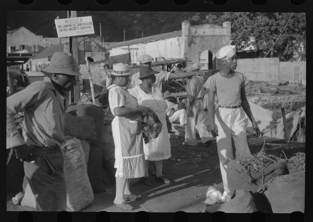 Charlotte Amalie, St. Thomas Island, Virgin Islands. Shoppers on Tortolla wharf. Sourced from the Library of Congress.