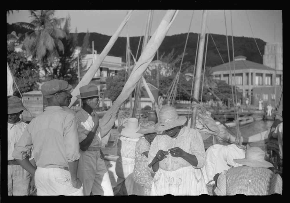 Charlotte Amalie, St. Thomas Island, Virgin Islands. Shoppers waiting on Tortolla wharf. Sourced from the Library of…