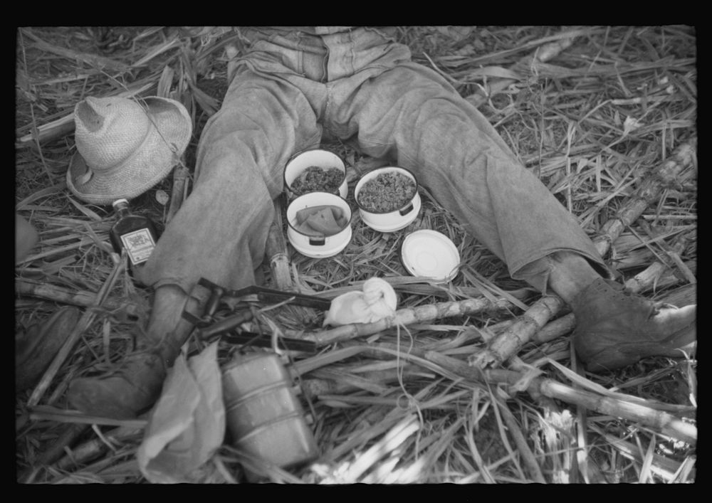 [Untitled photo, possibly related to: Guanica (vicinity), Puerto Rico. Lunch of a sugar worker consisting of rice, beans and…