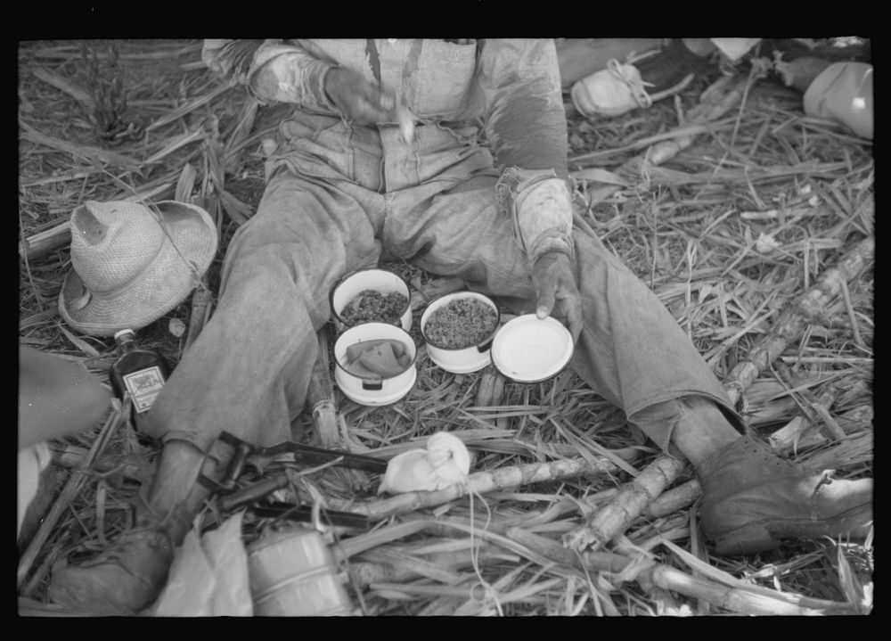 Guanica (vicinity), Puerto Rico. Lunch of a sugar worker consisting of rice, beans and papaya. On a plantation. Sourced from…