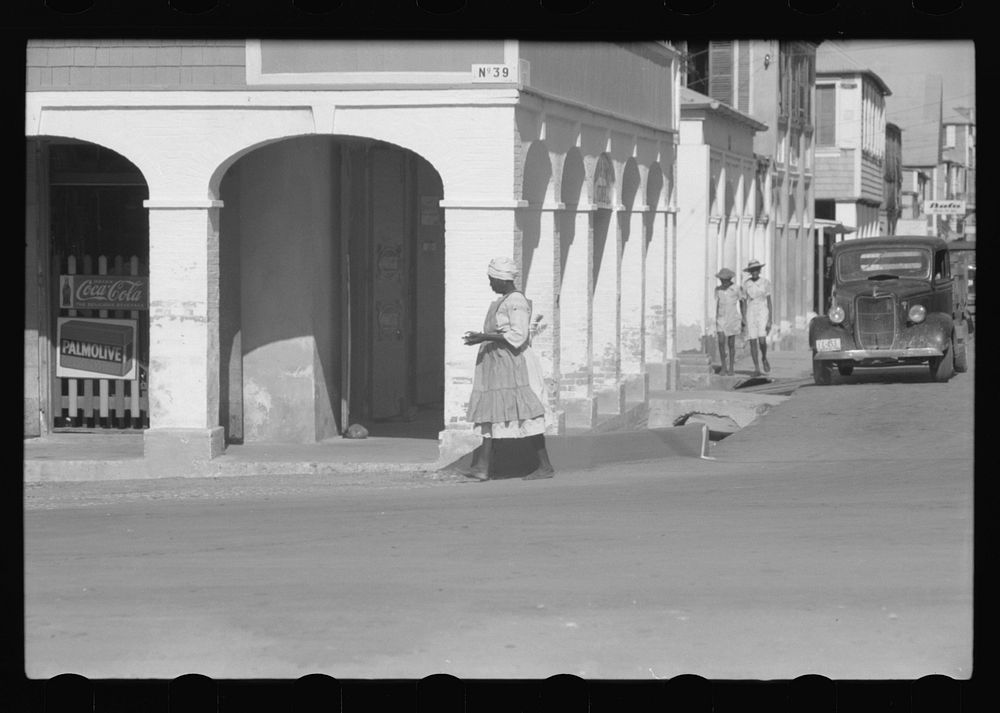 One of the main streets in Christiansted, Virgin Islands. Sourced from the Library of Congress.