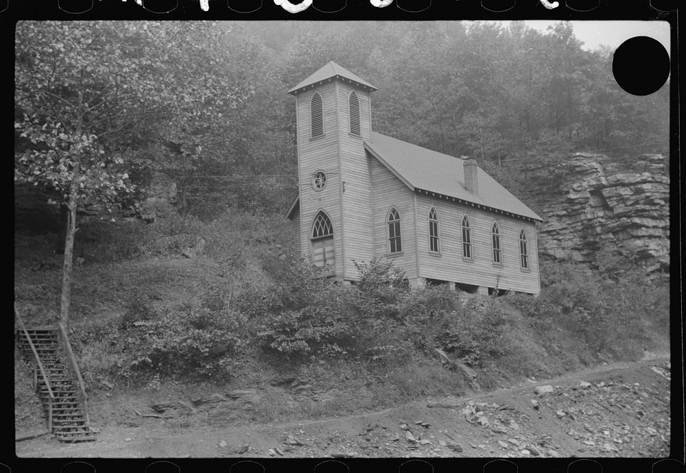 [Untitled photo, possibly related to: Church also used for union hall in coal mining town, Caples, West Virginia]. Sourced…