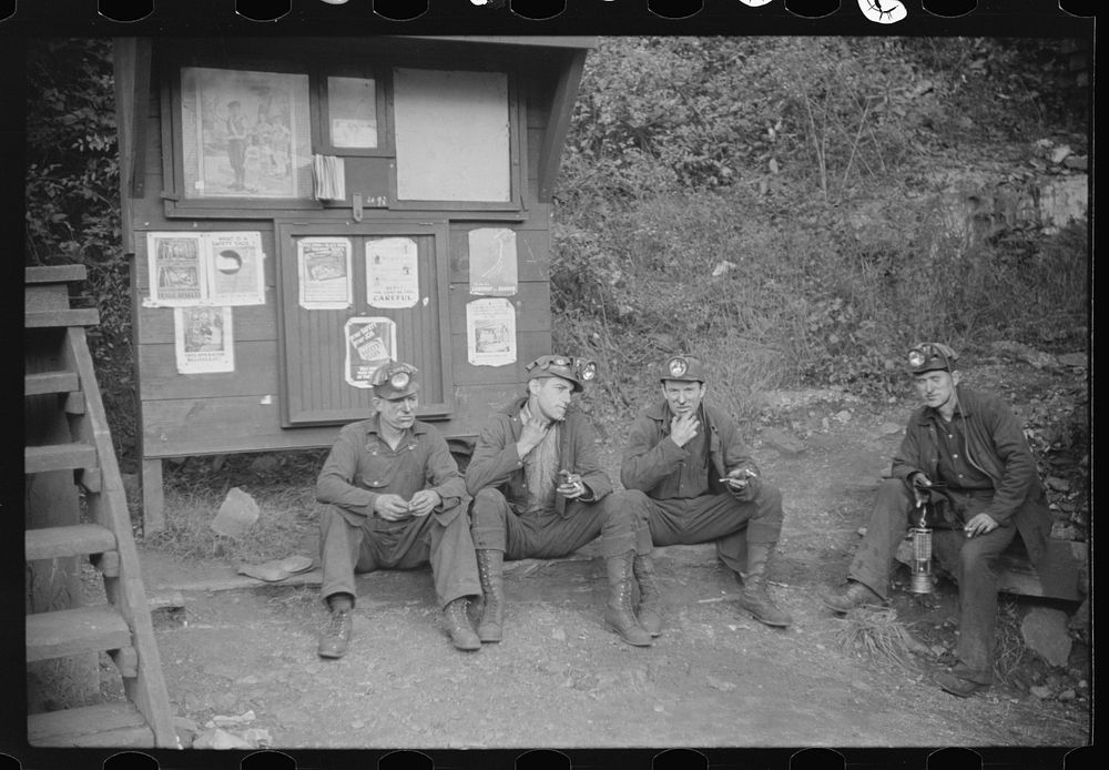 Coal miners waiting for next shift, Caples, West Virginia. Sourced from the Library of Congress.