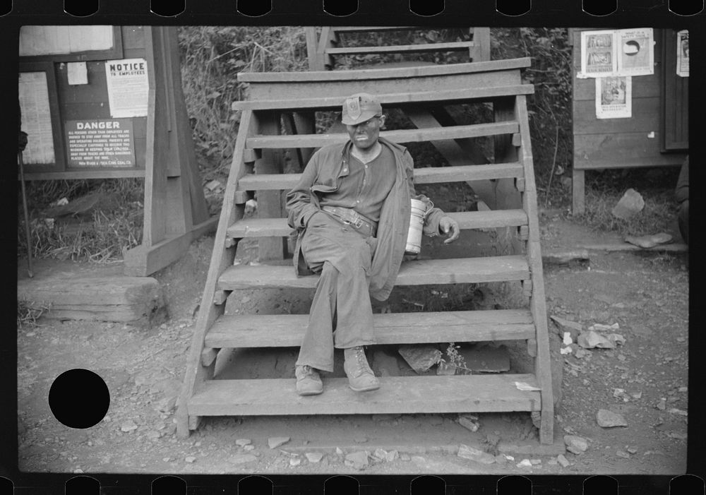 [Untitled photo, possibly related to: Coal miner waiting for lift home. Caples, West Virginia]. Sourced from the Library of…