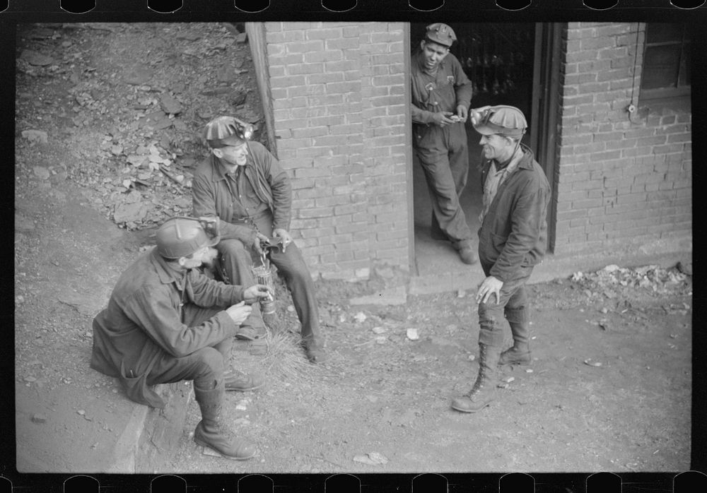 Coal miners waiting for next shift, Caples, West Virginia. Sourced from the Library of Congress.