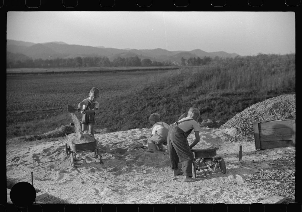 [Untitled photo, possibly related to: Homesteaders' children playing in pile of sand, Tygart Valley, West Virginia]. Sourced…