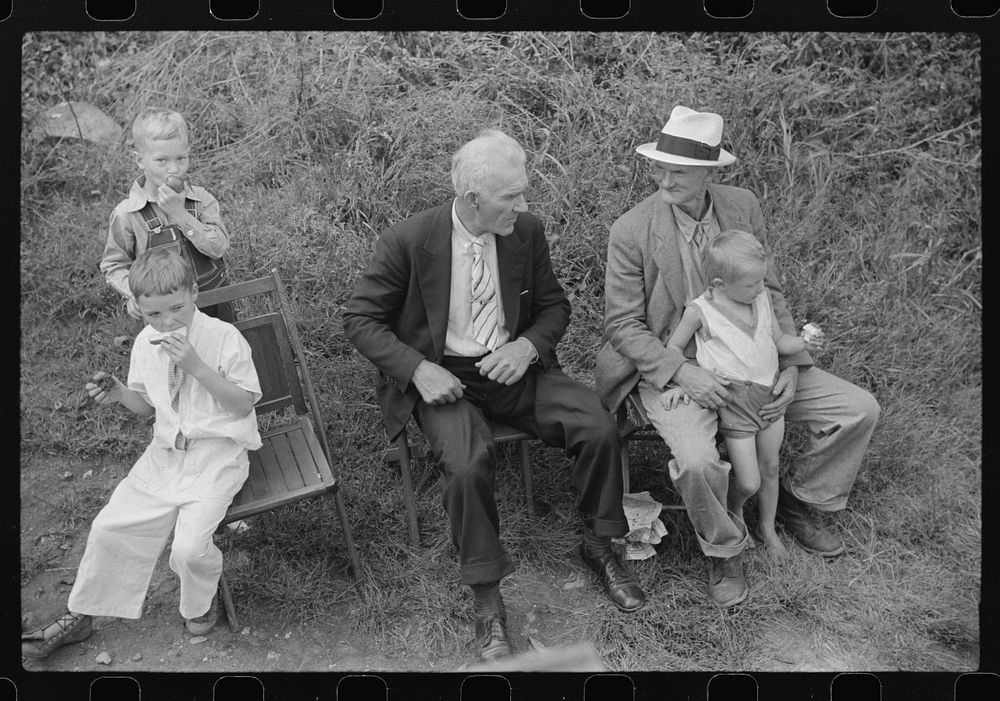 Sunday school picnic brought to abandoned mining town of Jere, West Virginia by neighboring parishoners. Sourced from the…