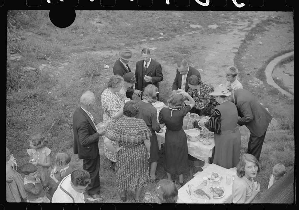 [Untitled photo, possibly related to: Sunday school picnic. Much of the food brought into abandoned mining town of Jere…